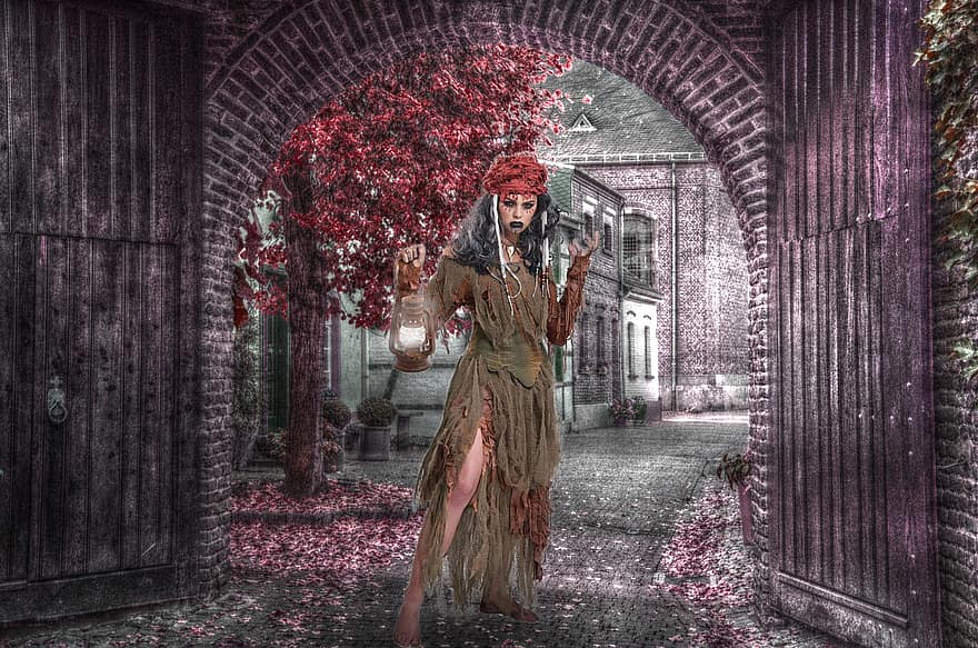 Background, City, Pathway, Doorway, Witch, Fantasy, Female, Character, Digital Art