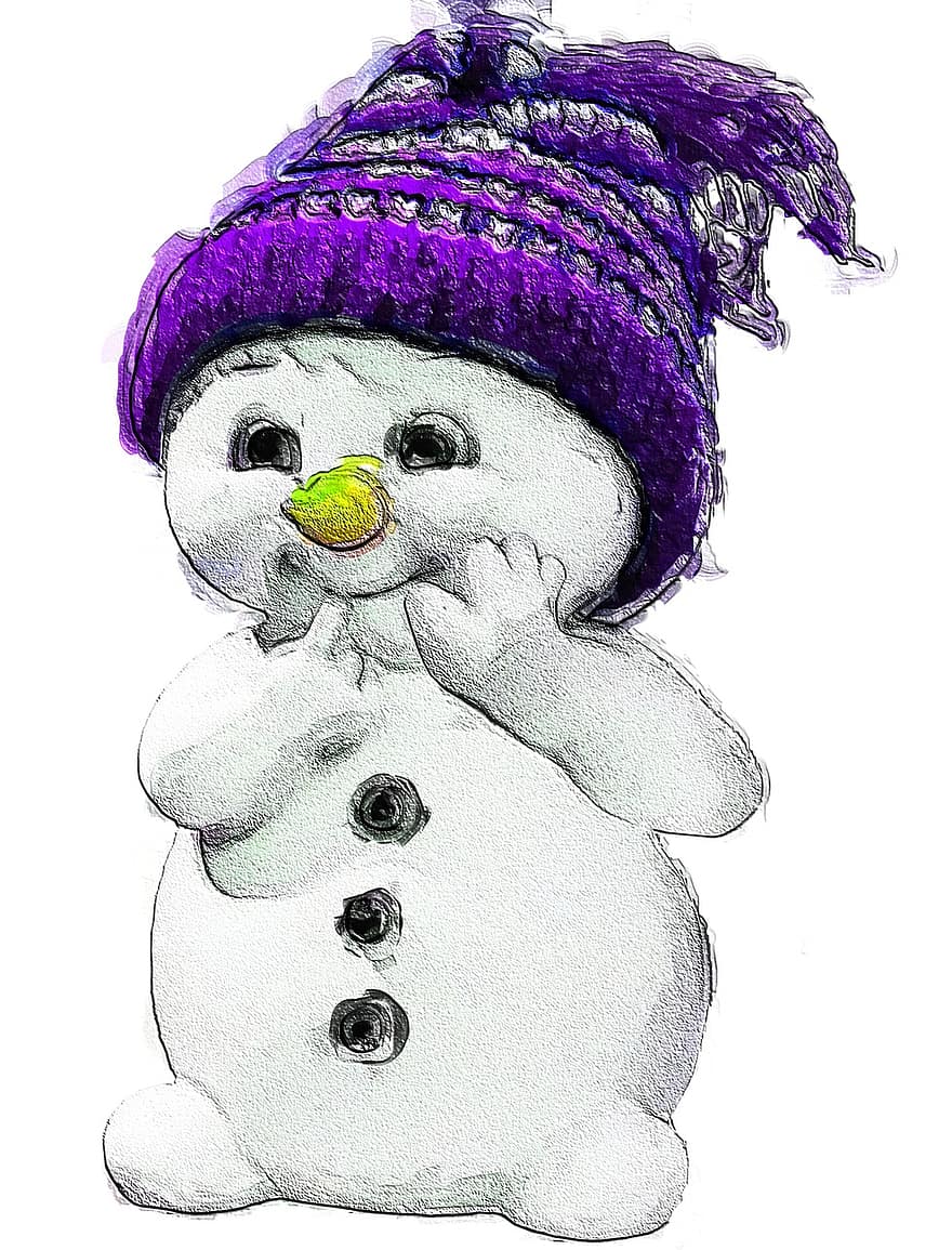 雪だるま、紫の、雪、冬、クリスマス、帽子