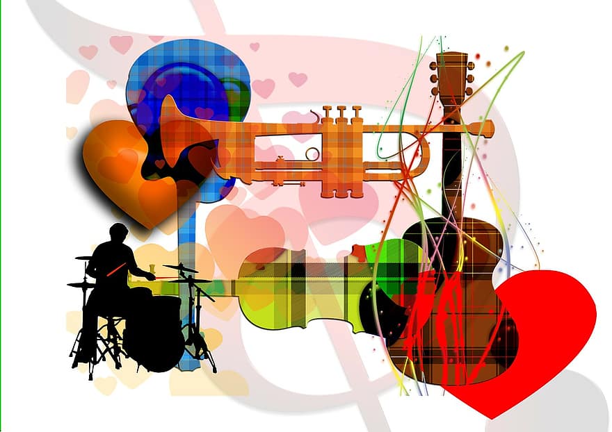 la musique, clé de sol, trompette, guitare, violon, tambours, le batteur, du son, concert, musicien, notenblatt