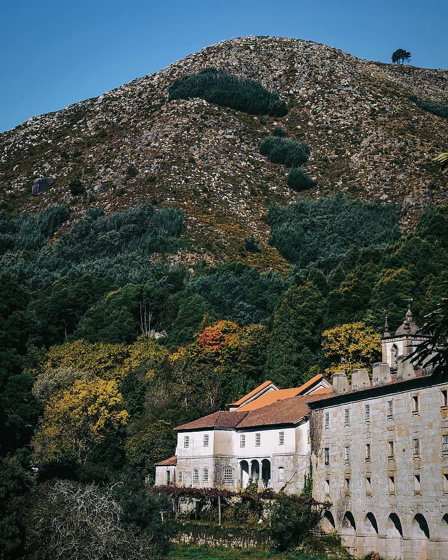 kostel, klášter, stromy, hora, krajina, Příroda, architektura, braga, Portugalsko, opatství, Bouro