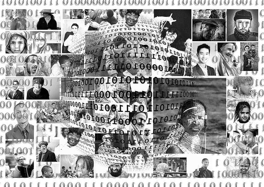 fotomontage, gezichten, binair, binaire code, code, nul, een, fotoalbum, wereld-, bevolking, media