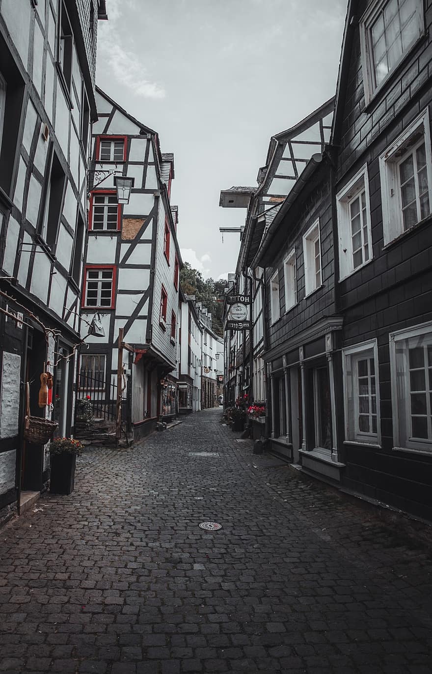 callejón, Alemania, arquitectura, antiguo, pueblo, monschau, exterior del edificio, culturas, estructura construida, historia, entramado de madera