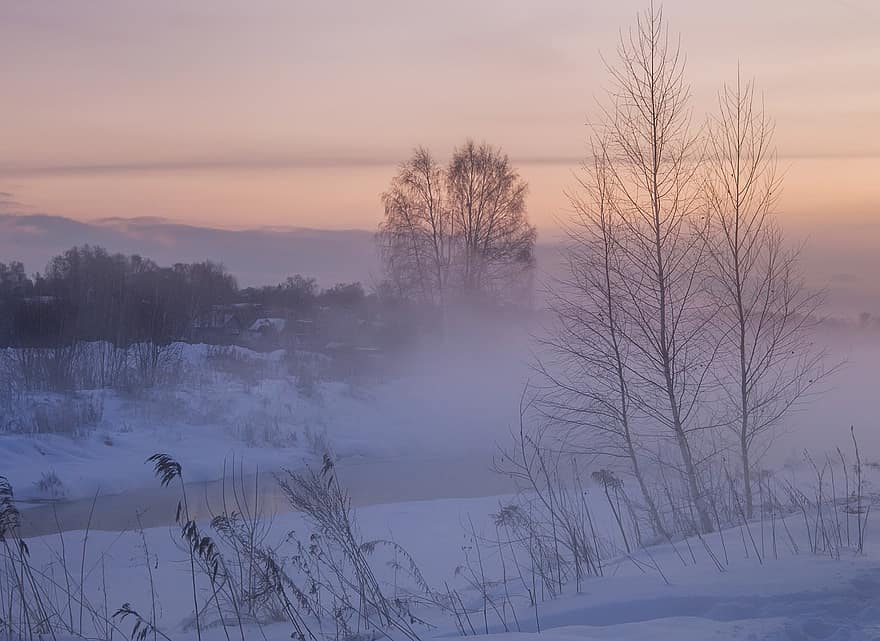 Snow, Riverbank, Sunset, Fog, Mist, Trees, Plants, Dusk, Evening, River, Winter