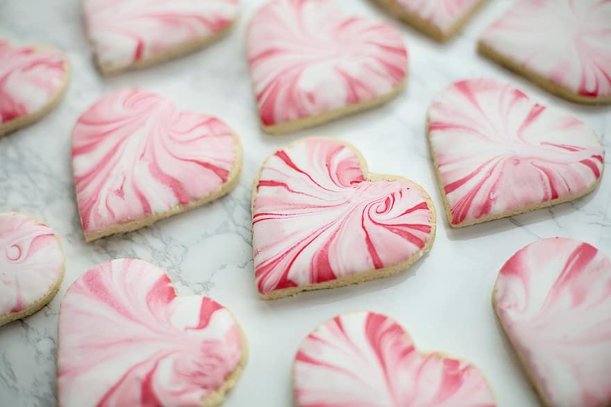 Cookies, Hearts, Treat, Sweet, Dessert, Sugary, Valentine's Day, Royal Icing Cookies, Surface, Marble, Love
