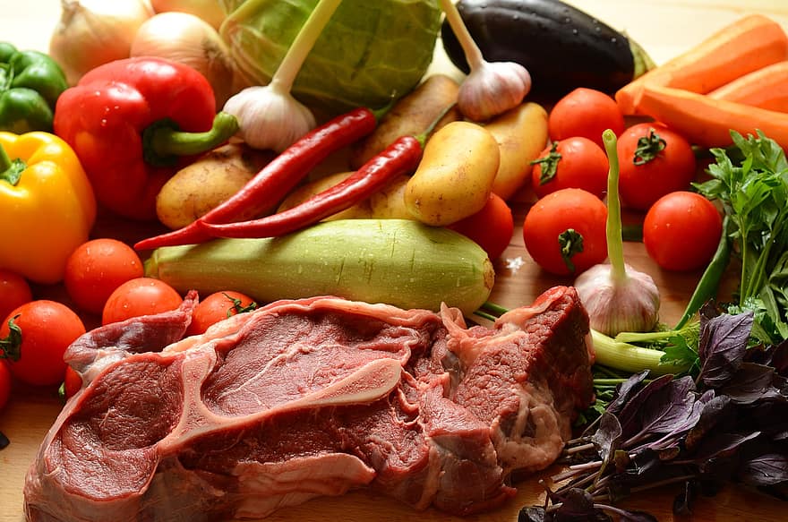 verdures, carn, ingredients, menjar, preparació d'aliments, produir, collita, orgànic, fresc, verdures fresques, productes frescos
