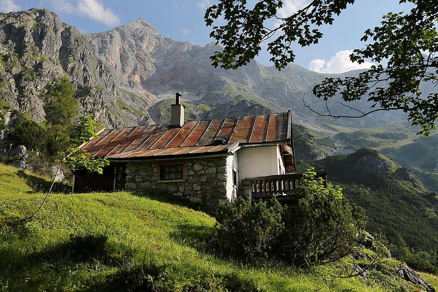 montañas, Cabaña alpina, Austria, Almhutte, Alpes, pabellón de caza, paisaje, naturaleza, pastos de montaña, montaña, escena rural