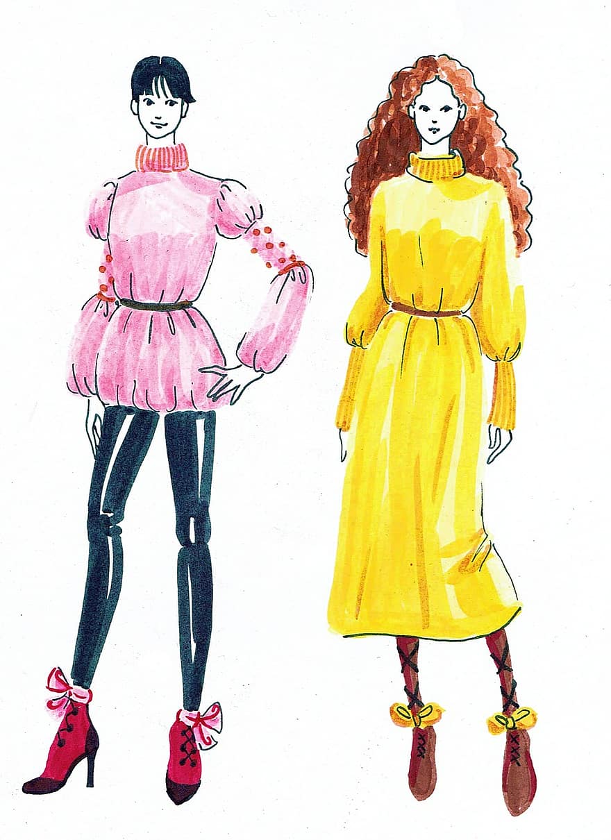 mada, Mados piešimas, moteris, geltona, rožinis, mados dizainas, apranga, suknelė, avalynė, kontrastas, įkvėpimo