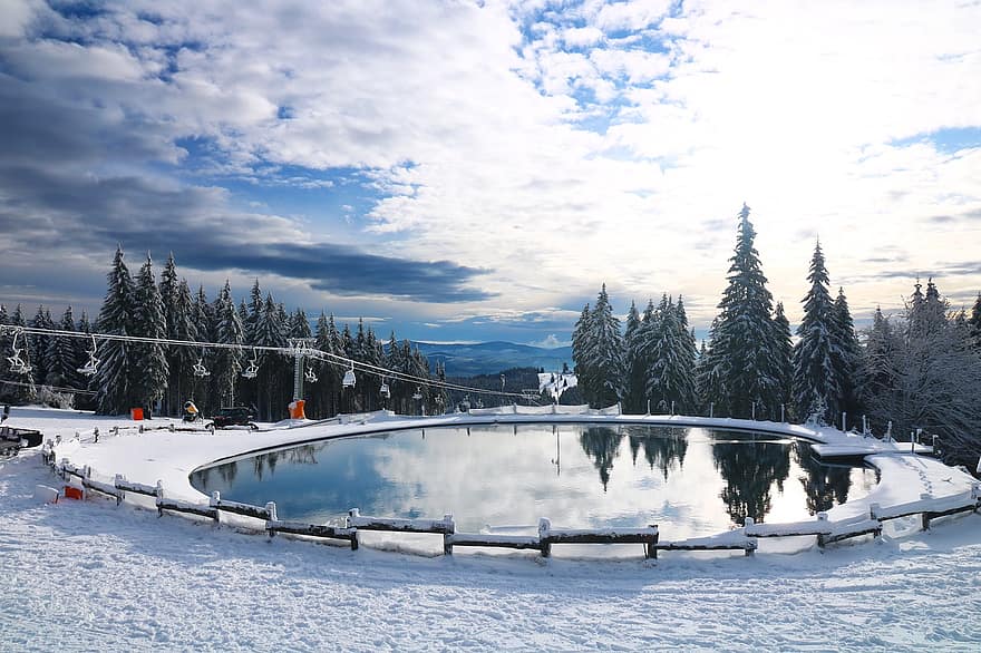 étang, parc, neige, réflexion, hiver, du froid, Montagne, paysage d'hiver, vue, paysage, station de ski