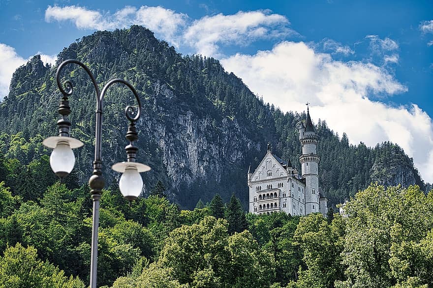 castillo, palacio, fortaleza, arboles, bosque, montañas, Neuschwanstein