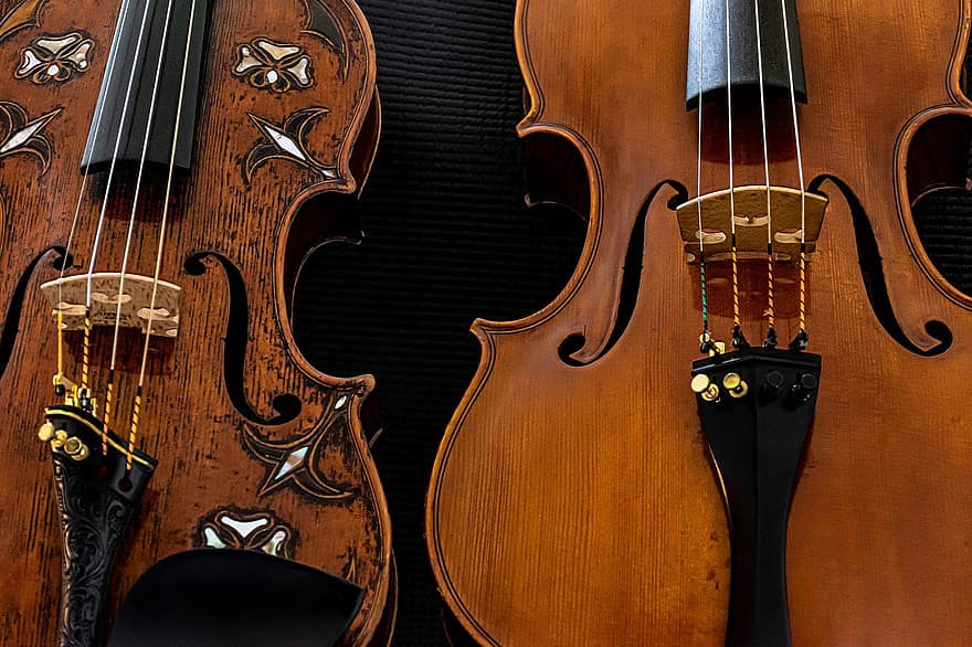 Geige, Viola, Musikinstrumente, Musik Wallpaper, Geigenbrücke, Musik Hintergrund, Oldtimer, F-Löcher, Bruder und Schwester, Streichinstrument für Streichinstrumente, Griffbrett
