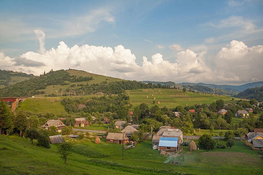 βουνά, χωριό, Ουκρανία, Καρπάθια, τοπίο, φύση