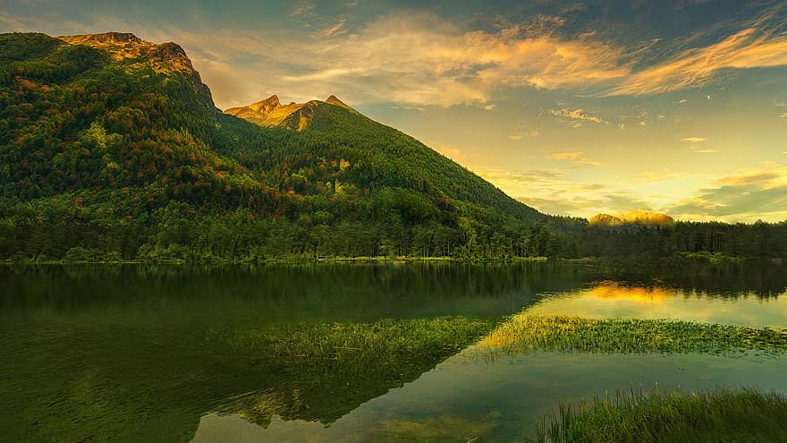 alam, danau, pegunungan Alpen, gunung, hintersee, bavaria, matahari terbenam, awan, pemandangan, hutan, musim panas