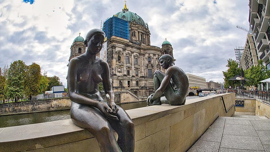 berlinų katedra, skulptūra, upė, miestas, berlin, Vokietija, katedra, bažnyčia, statula, istorinis