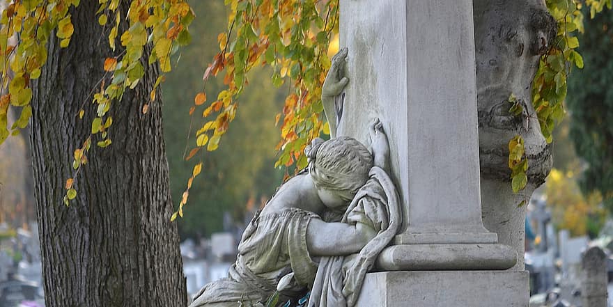 kirkegård, sorg, statue, kvinde, skulptur, fortvivlelse, grav