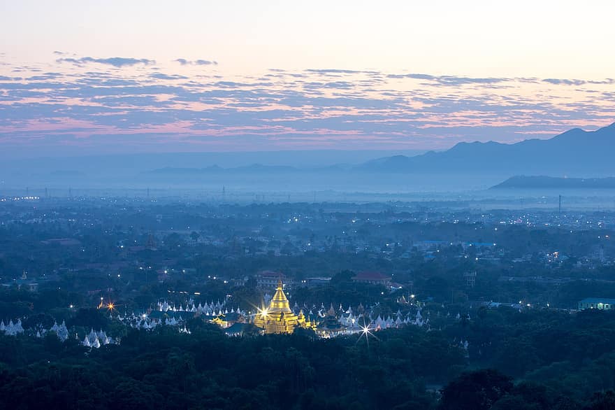 chrám, budov, stromy, město, most, Pohled, tradiční, architektura, Myanmar, pagoda, barma