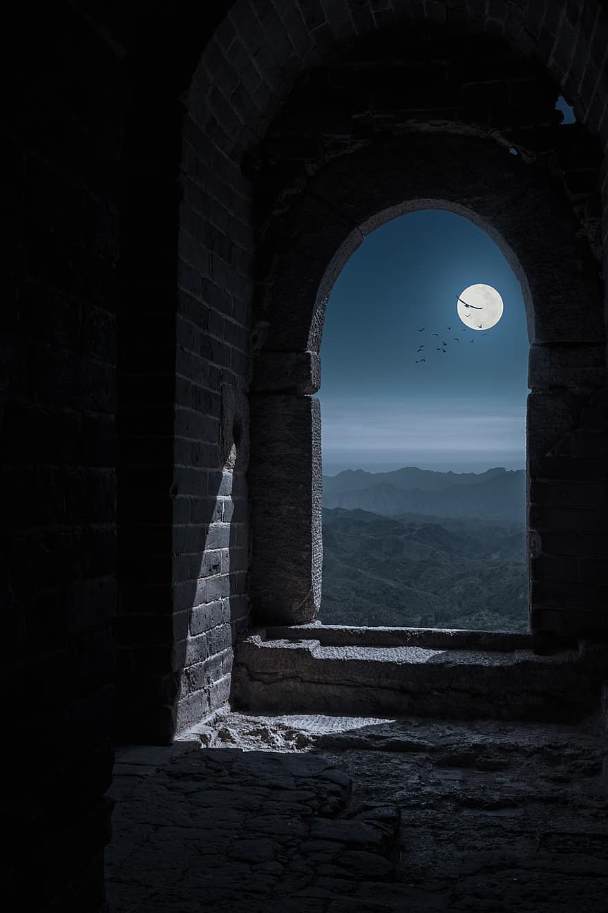 fortaleza, ventana, Luna, noche, luz de la luna, cielo, montaña, torre, torre de la puerta de la ciudad, ver, paisaje