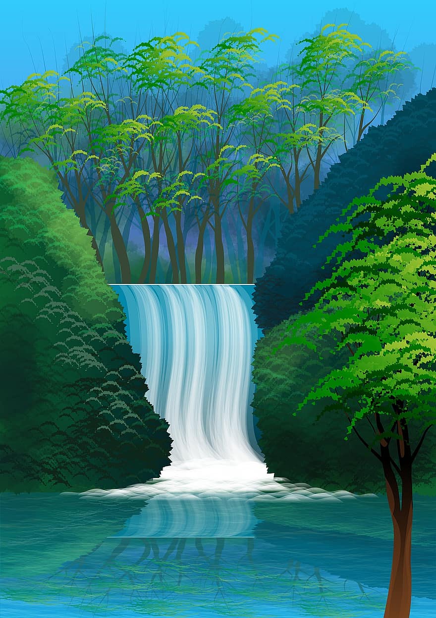 paisatge, il·lustració, naturalesa, aigua, rio, llac, cascada, frescor, bosc, arbres, plantes