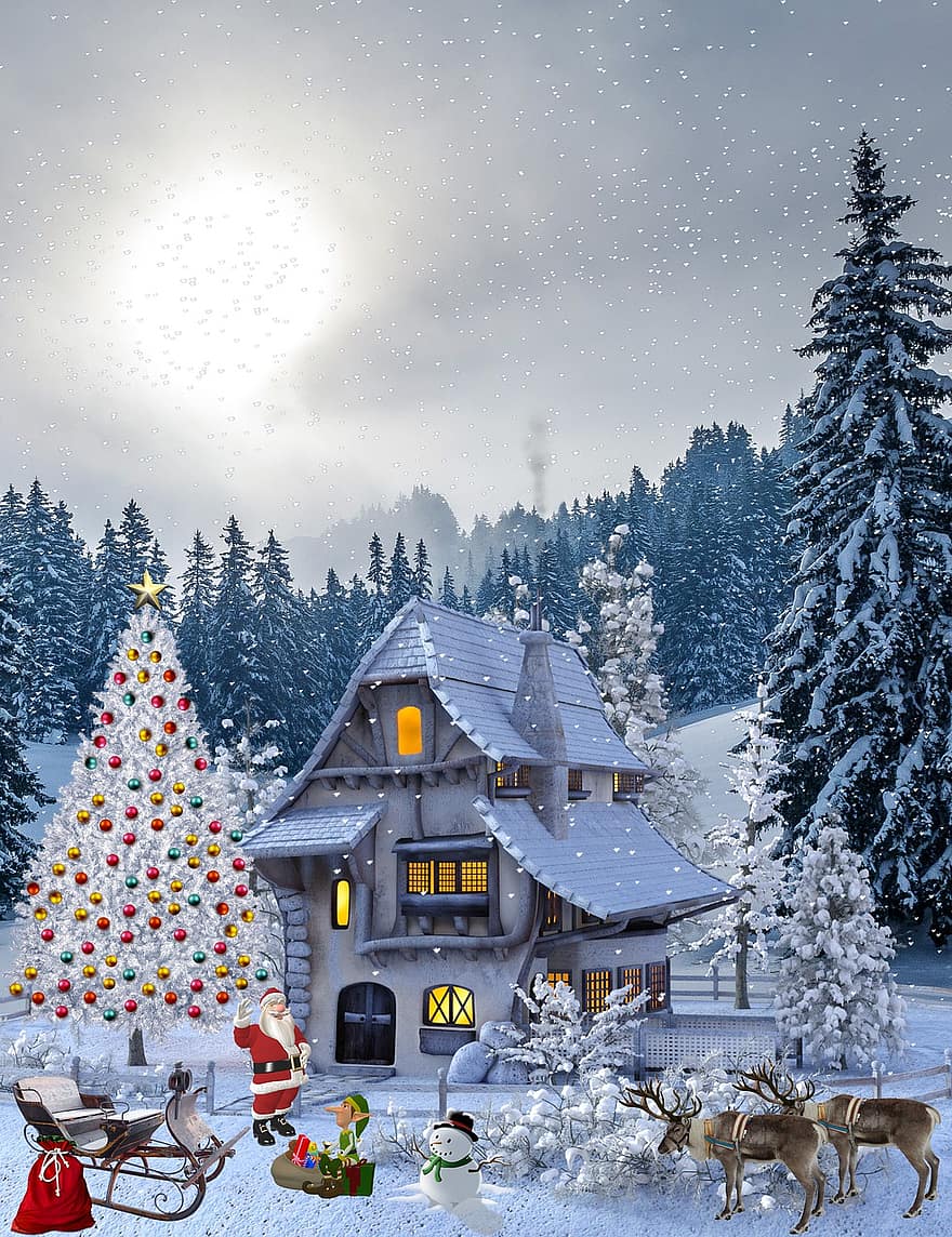 Boże Narodzenie, Święty Mikołaj, prezenty, wakacje, grudzień, Święty, Dom, śnieg, uroczystość, zimowy, rena