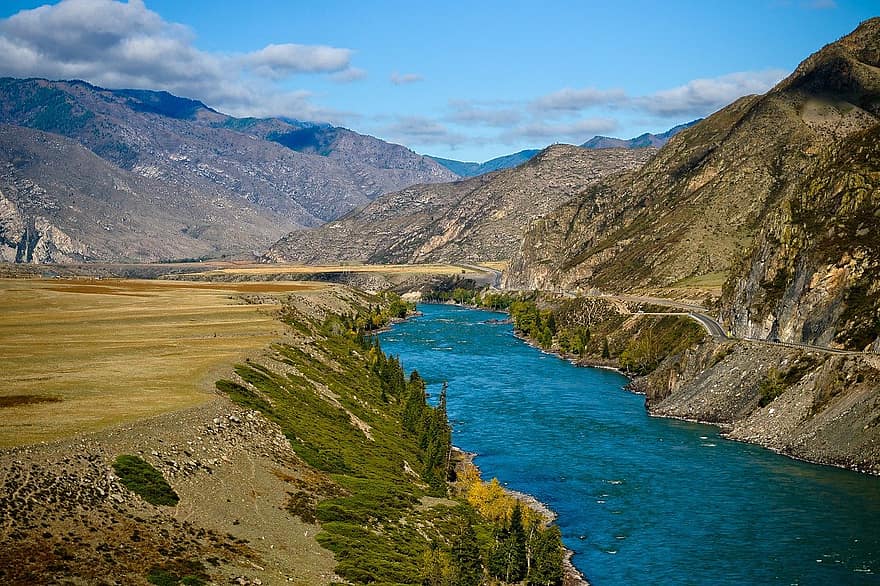 카툰 강, 알타이 산맥, 경치, 자연, 산, 물, 푸른, 여름, 여행, 록, 낭떠러지