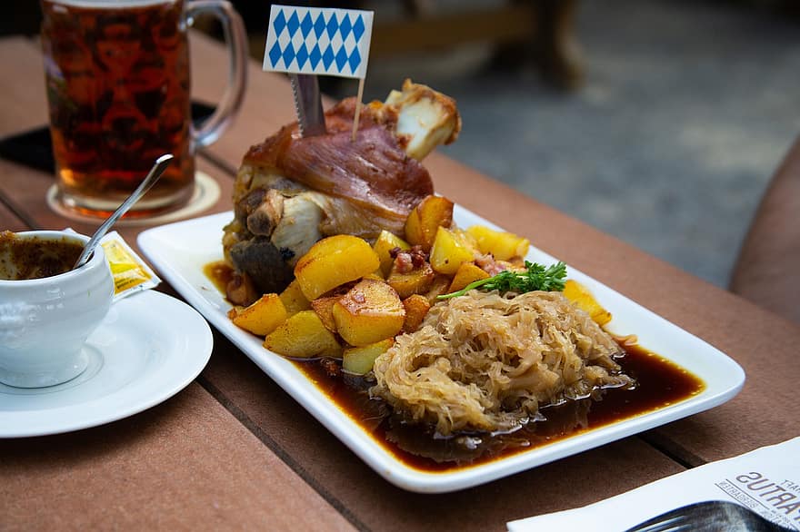 Meal, Roasted Pork Leg, Pork, Meat, Cuisine, Culinary, Dish, Food, Crust, Sauerkraut, Potatoes