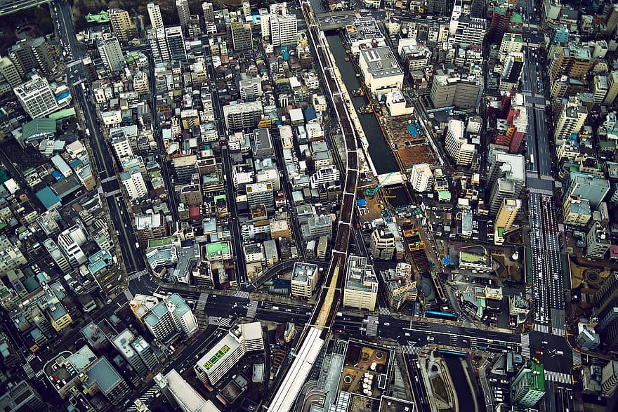pilsēta, pilsētas, moderns, pilsētas ainava, skats no augšas, gaisa skats, ielās, ēka, Tokija, Japāna