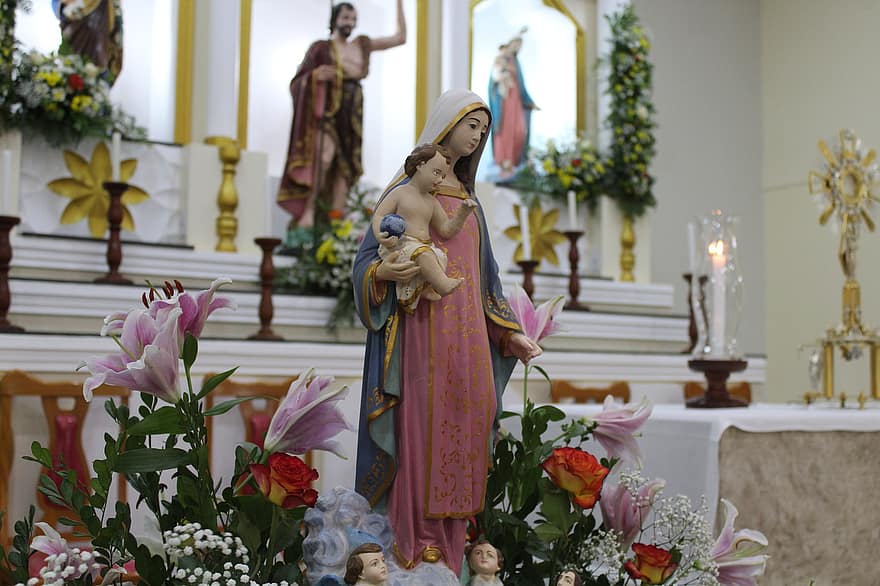 メアリー、イエス、教会、祭壇、像、聖人、彫刻、カトリック教徒、宗教、聖なる