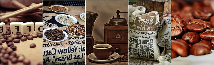 kava, koliažas, gerti, pupelės, pusryčiai, kūrybingas, gyvenimo būdas, maisto, kavinė, rudi maisto produktai, rudos kavos