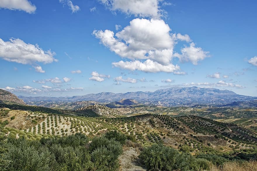 Grecia, Creta, Regione Heraklion, montagne, collina, paesaggio, alberi, viaggio, esplorazione, nuvole, turismo
