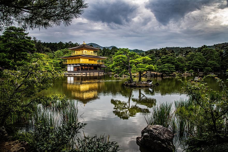 heiligdom, tempel, meer, kraan, Japan, kyoto, sereen, goud