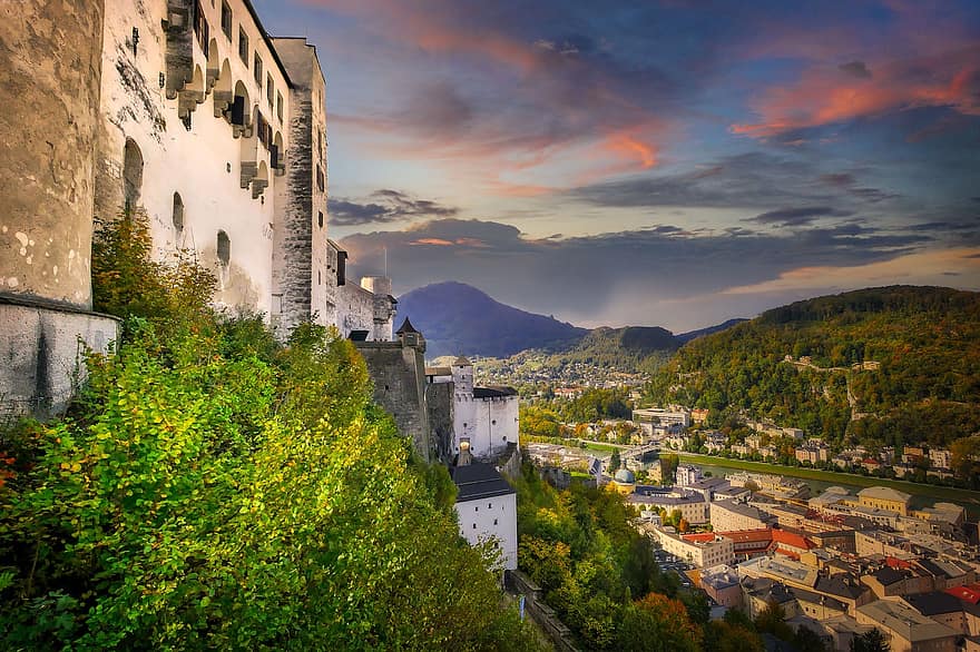 pilis, tvirtovė, slėnyje, bokštas, stogai, tvirtovės kalnas, vaizdas į miestą, salzburgas, pagrįsti, hohensalzburgo tvirtovė, Austrijoje
