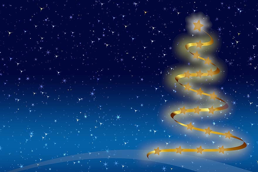Kerstmis, ster, hemel, nacht, achtergrond, boom, nachtelijke hemel, ruimte, goud, blauw, avond
