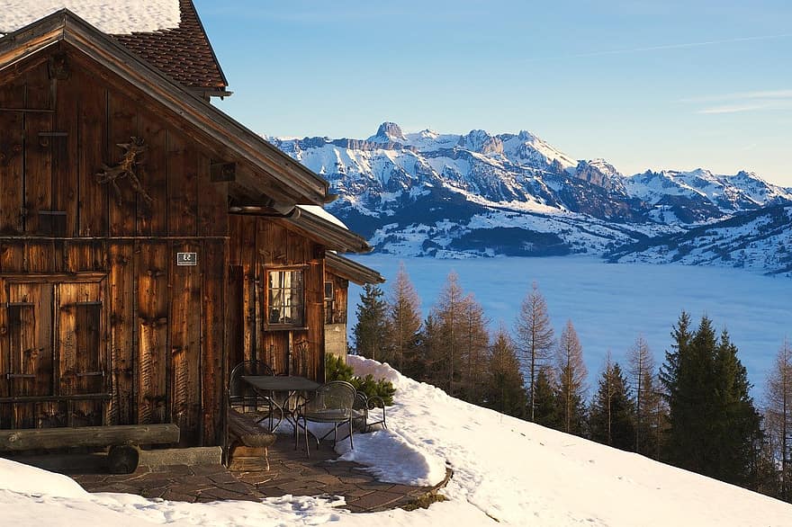 namelis, kabina, žiemą, kotedžas, kraštovaizdį, slėnyje, rūko jūra, Alpių