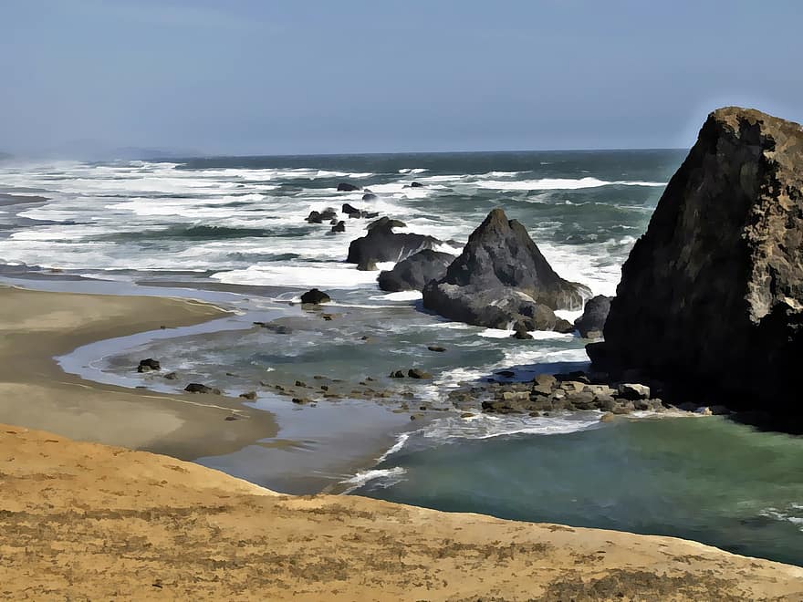 живопис, океан, вода, плаж, скали, Орегон, САЩ, крайбрежие, цифрова манипулация