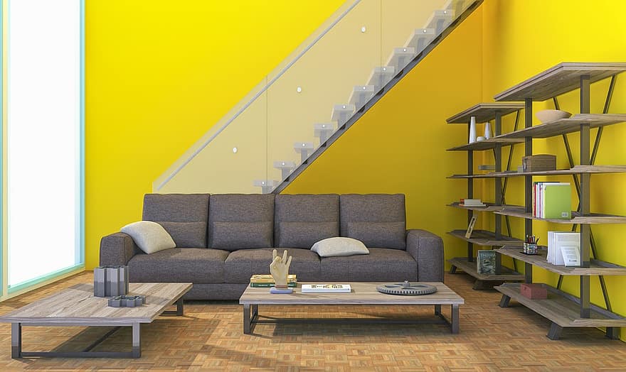 interjeras, baldai, sofa, stalas, stovas, geltona