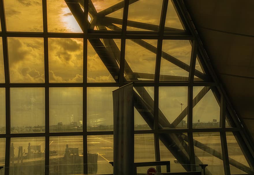 okno, budova, západ slunce, letiště, Bangkoku, Thajsko, Asie, architektura, moderní, struktura, sklenka