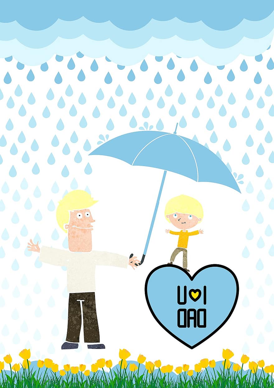 Isänpäivä, perhe, isä, poika, kartta, sininen, sateenvarjo, onnellinen, rakkaus, sydän, vektori