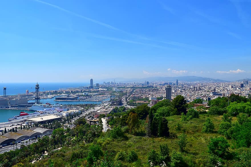 mare, port, metropolă, a calatori, vară, oraș, Spania, Barcelona, peisaj urban, albastru, loc faimos