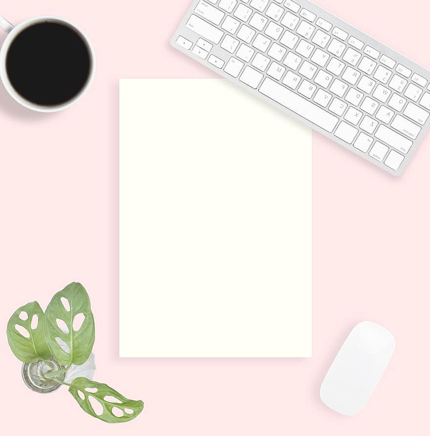bureau, minimaliste, papier, espace de copie, souris d'ordinateur, clavier, café, plante, lieu de travail, Table rose, pose à plat