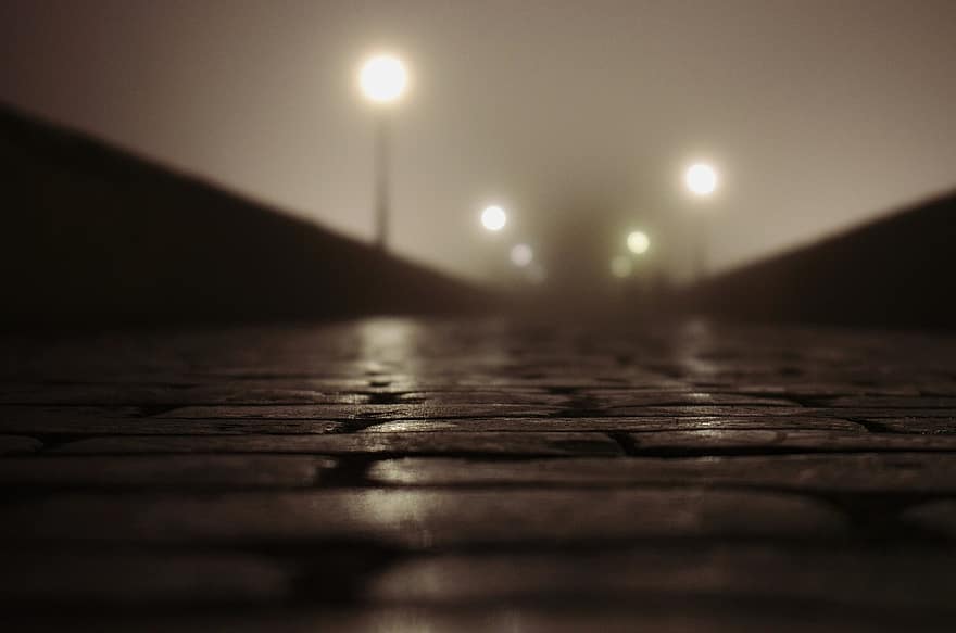 Bridge, Path, Fog, Mist, Night, Blur, dark, backgrounds, wood, vanishing point, flooring