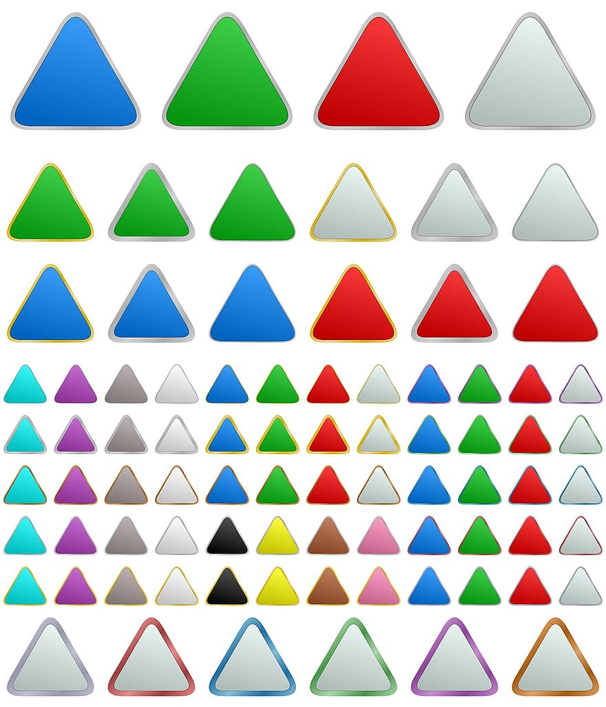 Bouton triangulaire, métallique, métal, bouton, ensemble, Triangle, argent, chrome, pousser, blanc, conception