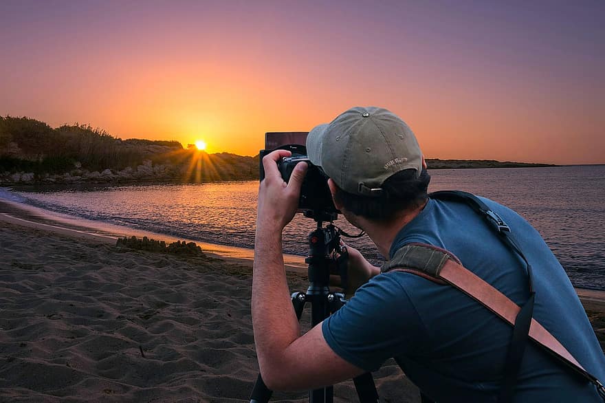fotograf, zdobyć, zachód słońca, aparat fotograficzny, mężczyzna, obraz, słońce, osoba, fotografia, do widzenia, plaża