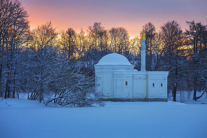 Пушкин, павилион, зима, залез, полумрак, пустинен, на открито, сняг, архитектура, религия, нощ