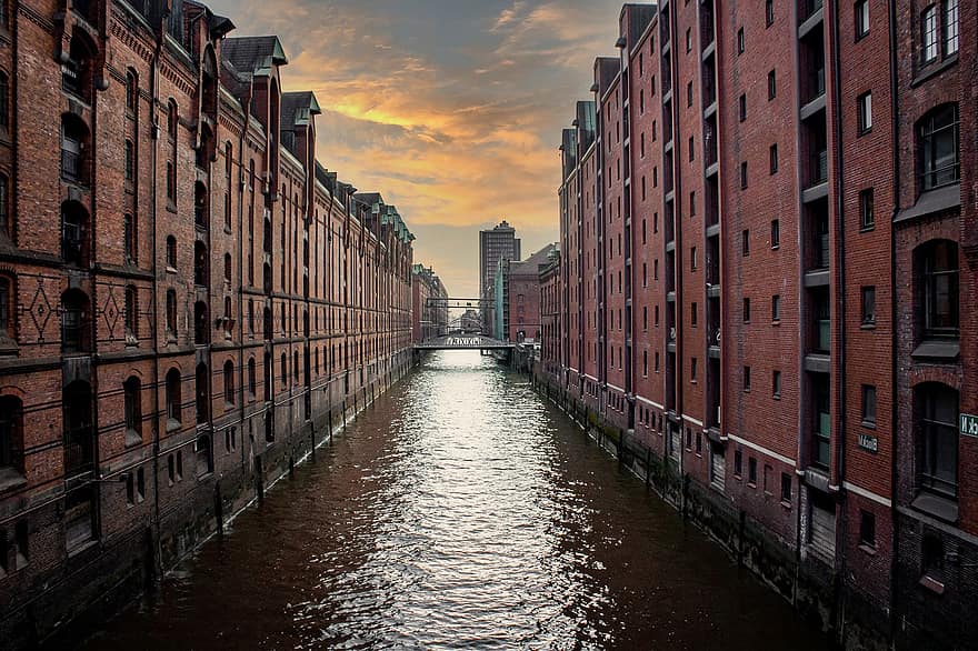 canal, clădiri, Speicherstadt, Hamburg, HafenCity, depozite, pod, arhitectură, Reper, oras vechi, peisaj urban