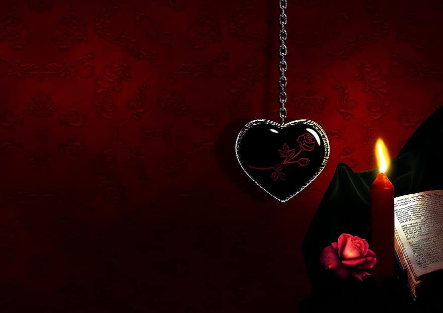 сердце, Роза, свеча, готика, книга, цепь, ювелирные изделия, фон, текстура, любить, траур