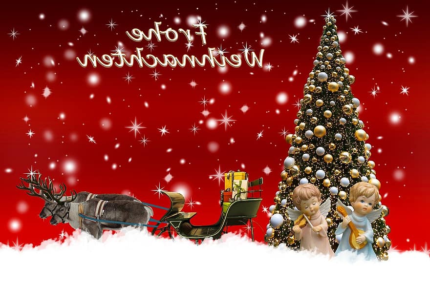 Kerstmis, kerstkaart, kerstboom, sleeën, Nicholas, rendier, geschenken, engel, verrassing, kerstfeest, kerst motief