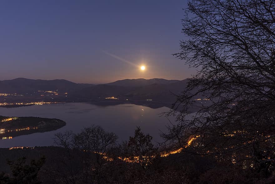 กลางคืน, ทะเลสาป, กรีซ, Kastoria, ไฟกลางคืน, ตก, ฤดูใบไม้ร่วง