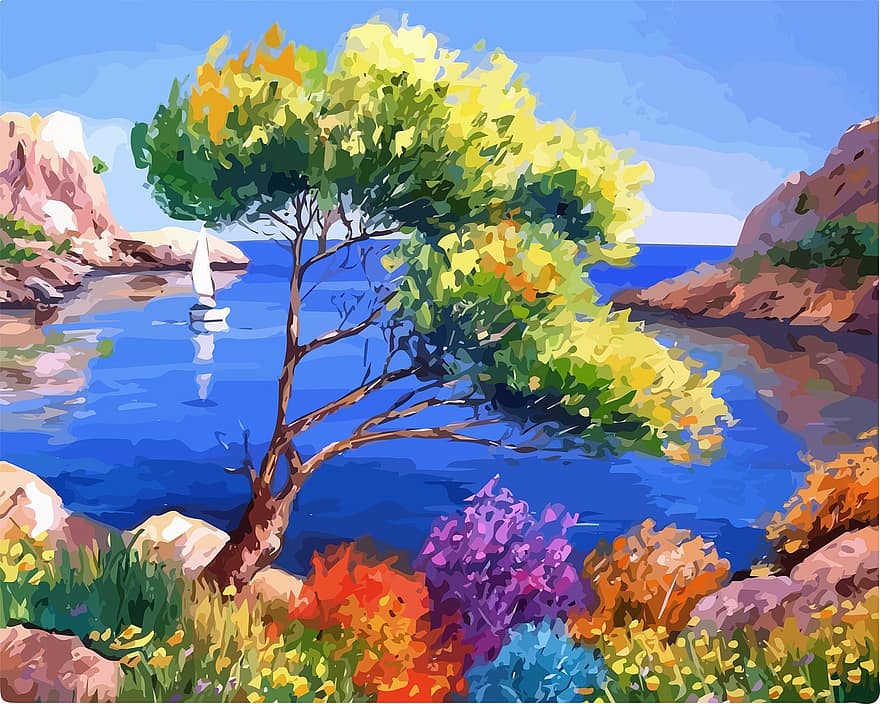 natură, coastă, pictura in ulei, pictură, mare, barcă cu pânze, flori, copaci, arbuști, peisaj, frumuseţe