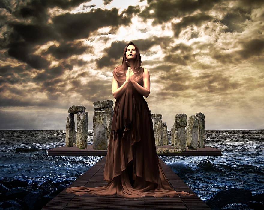 mistic, magic, femeie, doamnă, preoteasă, Stonehenge, dig, ocean, mare, ocult, peisaj marin