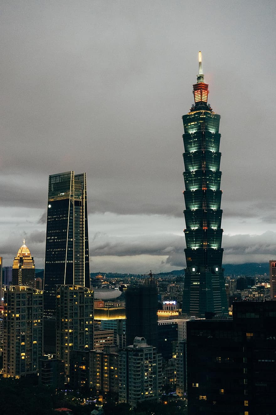 taipei 101, skyskraber, Taipei, nat, by, skyline, bygning, bylandskab, by-, arkitektur, downtown