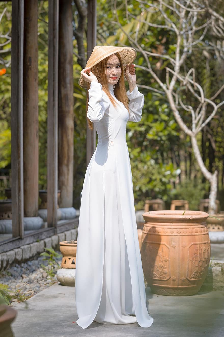 ao dai, мода, жена, Виетнамска национална рокля, конична шапка, рокля, традиционен, момиче, красива, поза, модел